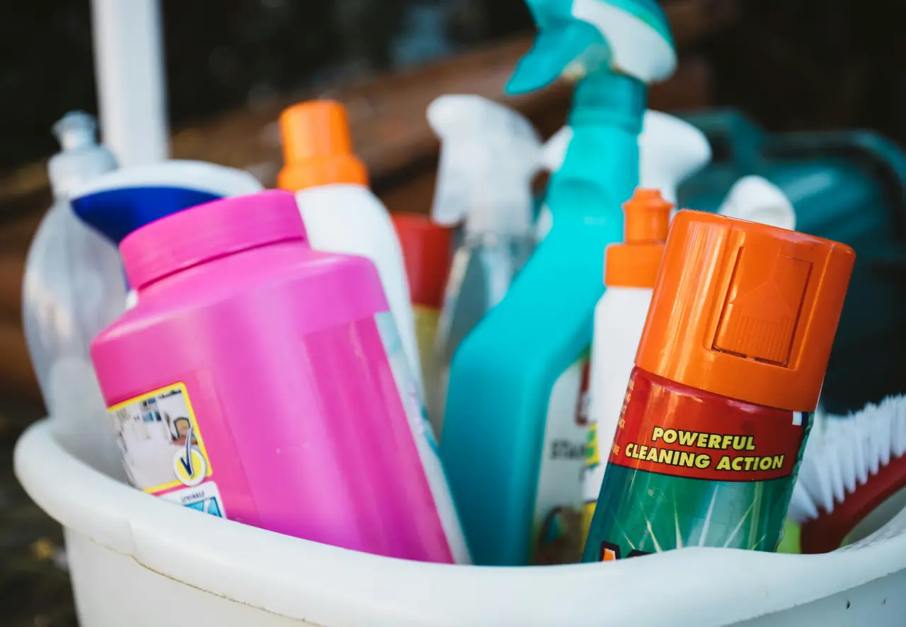 Cleaning supplies on a countertop